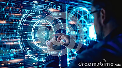 Man accessing a computer device with a protective shield against cyber threats , Stock Photo