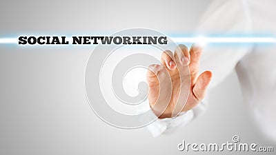 Man activating a Social networking search bar on a virtual scree Stock Photo