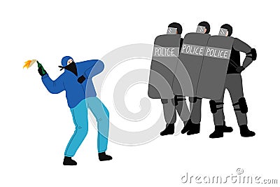 Man activist throwing burning bottle and getting riot police resistance Vector Illustration