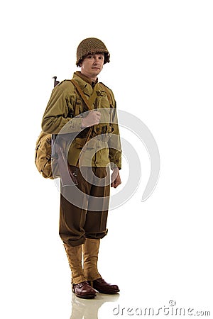 Man actor in military uniform of American ranger of World War II period Stock Photo