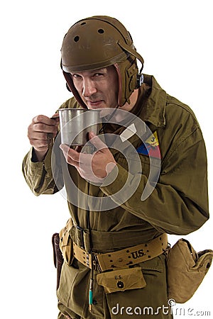 Man actor in military uniform of American tankman of World War II Stock Photo