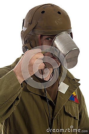 Man actor in military uniform of American tankman of World War II Stock Photo