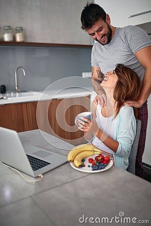 Man ad woman enjoying in nice morning and having fun, flirting Stock Photo