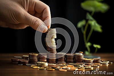 Man adding more money to already substantial piles of golden coins, symbolizing the decrease in purchasing power and the expansion Stock Photo