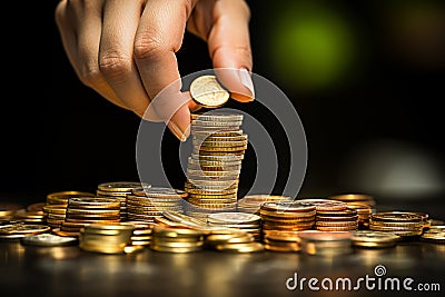 Man adding more money to already substantial piles of golden coins, symbolizing the decrease in purchasing power and the expansion Stock Photo