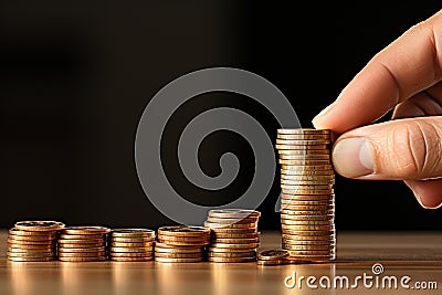 Man adding more money to already substantial piles of golden coins, symbolizing the decrease in purchasing power and the expansion Stock Photo