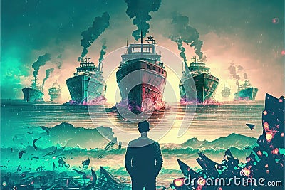 A man admires destroyed vessels on the shore amid a display of pyrotechnics Stock Photo