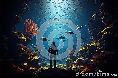 A man admires an enormous aquarium teeming with colorful fish Stock Photo
