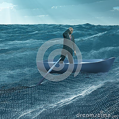 Man Adrift in tiny boat Stock Photo