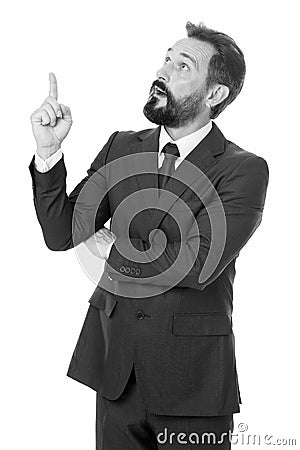 Man advisor pointing advertisement isolated on white. Business advisor manager show direction. Look at that statistics Stock Photo