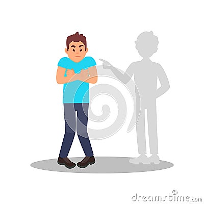 Man afraid of his own shadow ghost. Stressed young guy. Cartoon male character with frightened face expression. Flat Vector Illustration