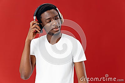 man african appearance in headphones music emotions Stock Photo