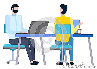 Man Agent Consultants at Workplace, Broker Workers Vector Illustration