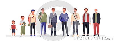 Man ages, different generation, male characters in aging stage process standing in line Vector Illustration