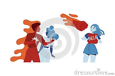 Man Aggressor with Clenched Fist and Woman Victim Vector Set Vector Illustration