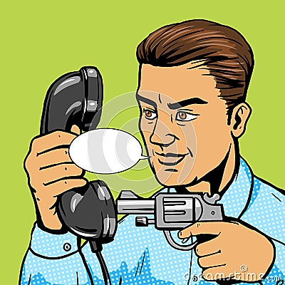 Man aim gun to handset pop art vector illustration Vector Illustration