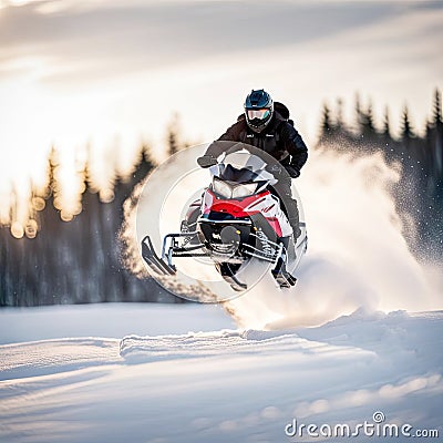 Man On Airborne Snowmobile Over Snowdrift Stock Photo