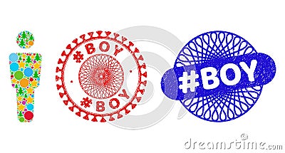 hashtag Boy Scratched Seals and Man Alone Collage of New Year Symbols Stock Photo