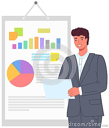Man analyses digital report with data. Statistical indicators and graphic information visualization Stock Photo