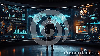 Man analyzing global data on high-tech screens in futuristic command center Stock Photo