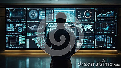 Man analyzing global data on multiple digital screens in a dark control room Stock Photo