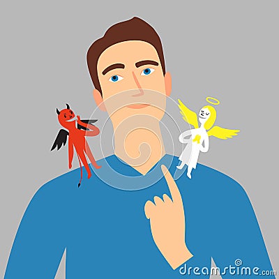 Man with angel and devil on his shoulders. Cartoon Illustration