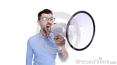 man announcing with anger in megaphone at studio. shouting man announcing with megaphone Stock Photo