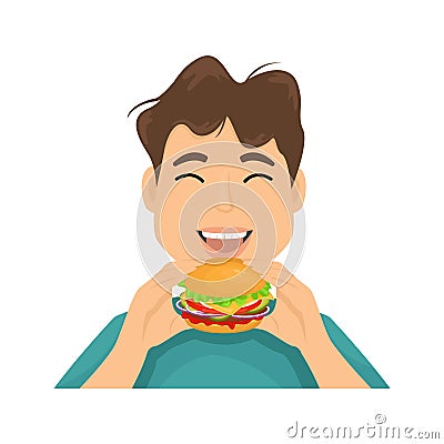 A man with appetite eats hamburger hands. Vector illustration of fast food. Junk food Vector Illustration