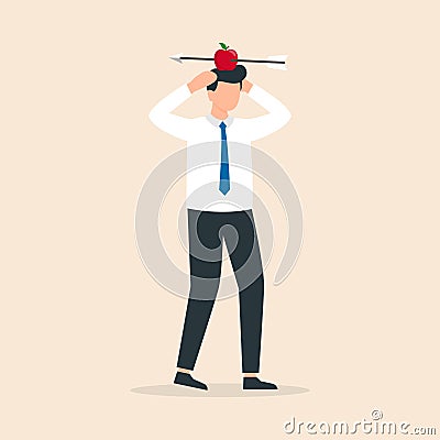 Man with apple on his head and arrow shot through. Business risk concept Vector Illustration