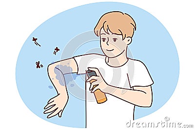 Man apply anti-mosquito spray on arm Vector Illustration