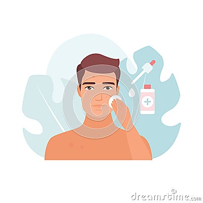 Man applying serum for puberty acne treatment, skincare hygiene Vector Illustration