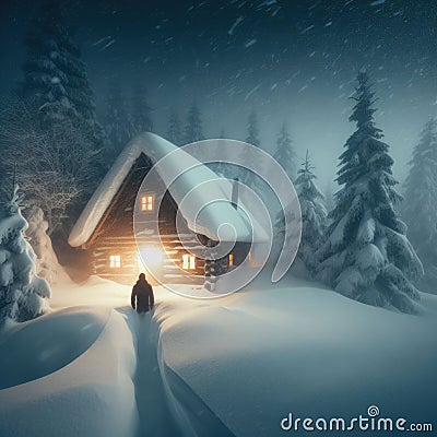 Man approaches isolated house in snow covered scene looking for shelter Stock Photo