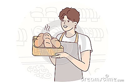 Man in apron baker holds tray of hot bread prepared for customers of supermarket. Vector image Vector Illustration