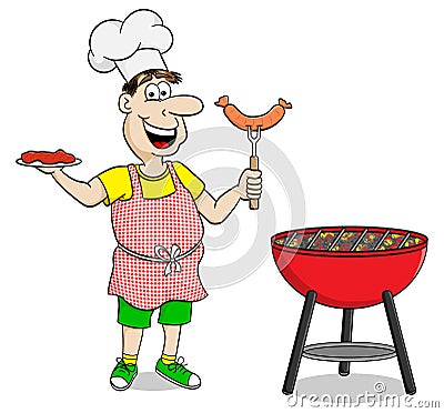 Man with apron grilling steak and sausages Vector Illustration