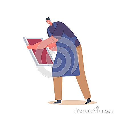 Man In Apron Hold Screen For Silk Printing On T-shirt. The Image Showcases Process Of Printing Designs On Clothing Vector Illustration