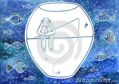 Man in an aquarium surrounded by fish Cartoon Illustration