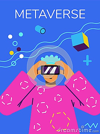 Man in AR or VR glasses accessed to metaverse, colorful poster template, flat vector illustration. Vector Illustration