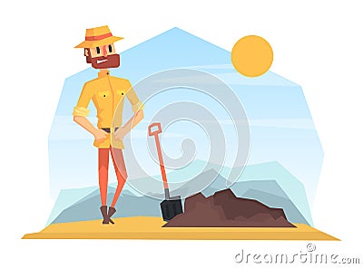 Man Archeologist Digging Soil, Scientist Character Working on Archeological Excavations Cartoon Vector Illustration Vector Illustration