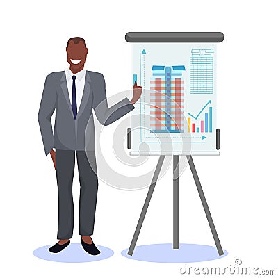 Man architect african american engineer showing new drawing building on easel board panning project concept house Vector Illustration