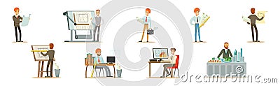 Man Architect Character and Construction Engineer Worker Vector Set Vector Illustration