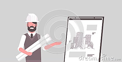 Man architect in helmet holding blueprints in rolls engineer showing new drawing building on easel board panning project Vector Illustration