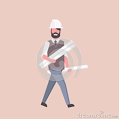 Man architect in helmet holding rolled up blueprints happy engineer panning project construction industry concept Vector Illustration