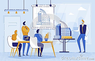 Man Architect Showing Drawing Building on Board. Vector Illustration