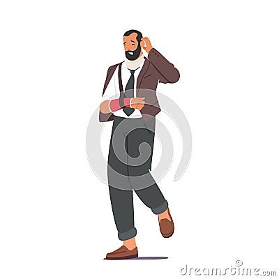Man with Arm Fracture Isolated on White Background. Patient Character in Formal Wear with Broken Hand after Accident Vector Illustration