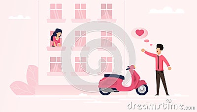Man Arrived on Moped Declare his Love to Soul Mate Vector Illustration