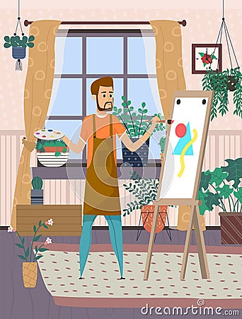 Artist Painting on Canvas, Drawing Hobby Vector Vector Illustration