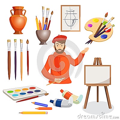 Man, artist palette, paint brushes, stand, vase. Set of paints Vector Illustration