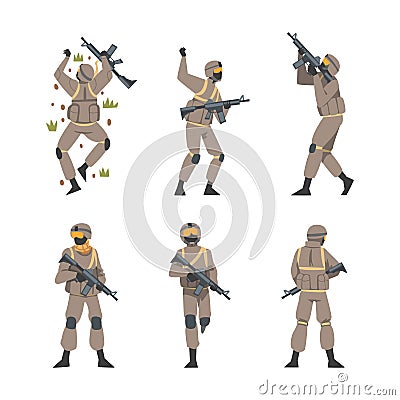 Man as Military Special Armed Force in Uniform and Rifle Vector Set Stock Photo