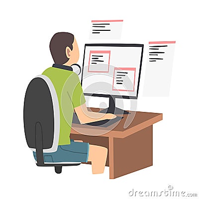 Man as Software Developer or Programmer Engaged in Coding in Server-side Framework on Computer Vector Illustration Vector Illustration
