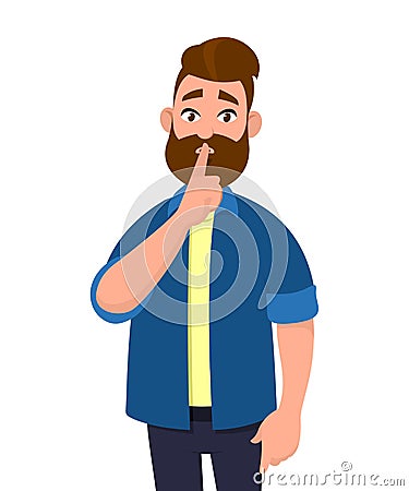 Man asking silence. Man gesturing silent. Silence please. Silence sign. Man closed mouth and his finger on it. Keep quiet. Shh. Vector Illustration